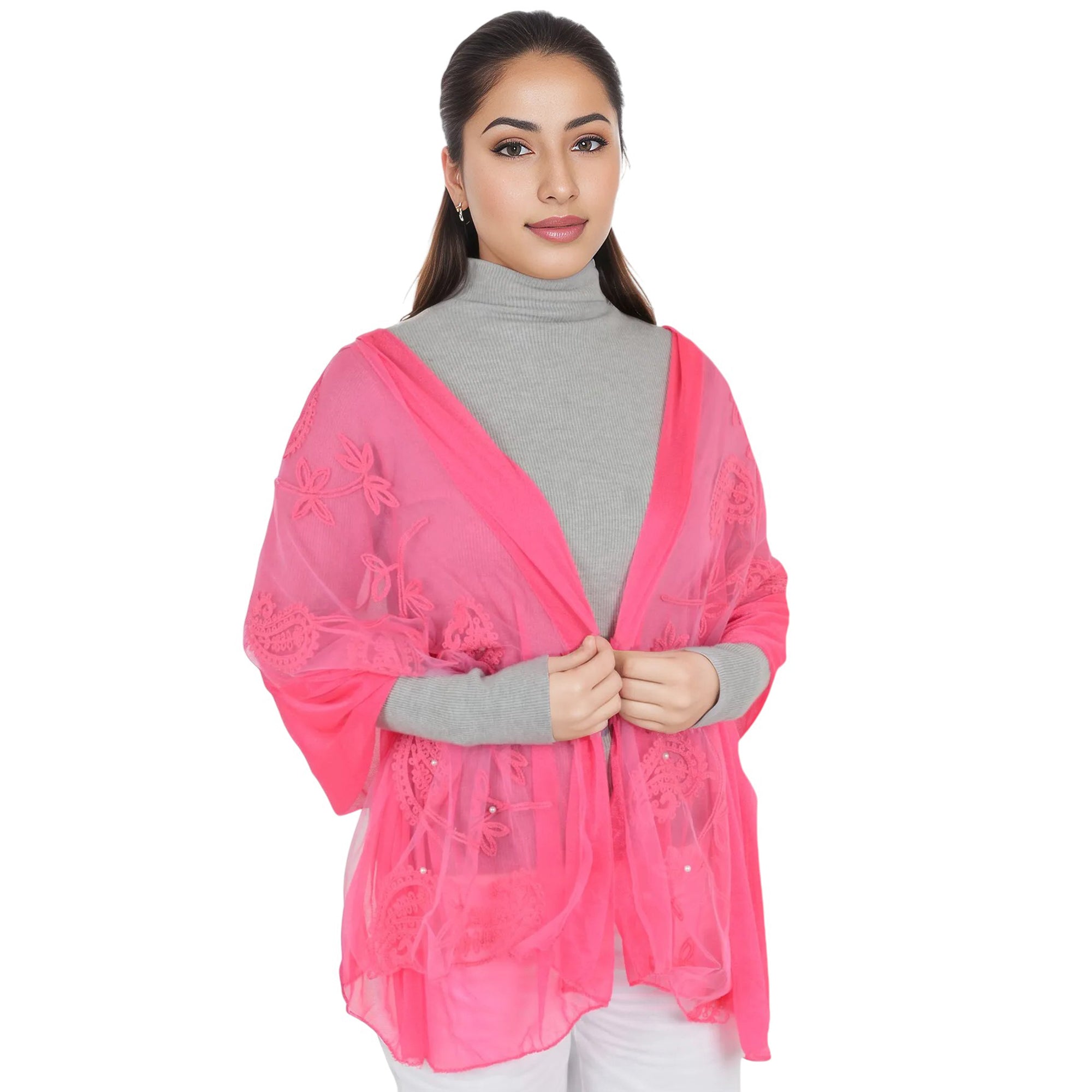 Anna-Kaci Women's Embroidered Floral Lace Scarf Solid Double Layered Faux Pearls Long Wrap Scarf