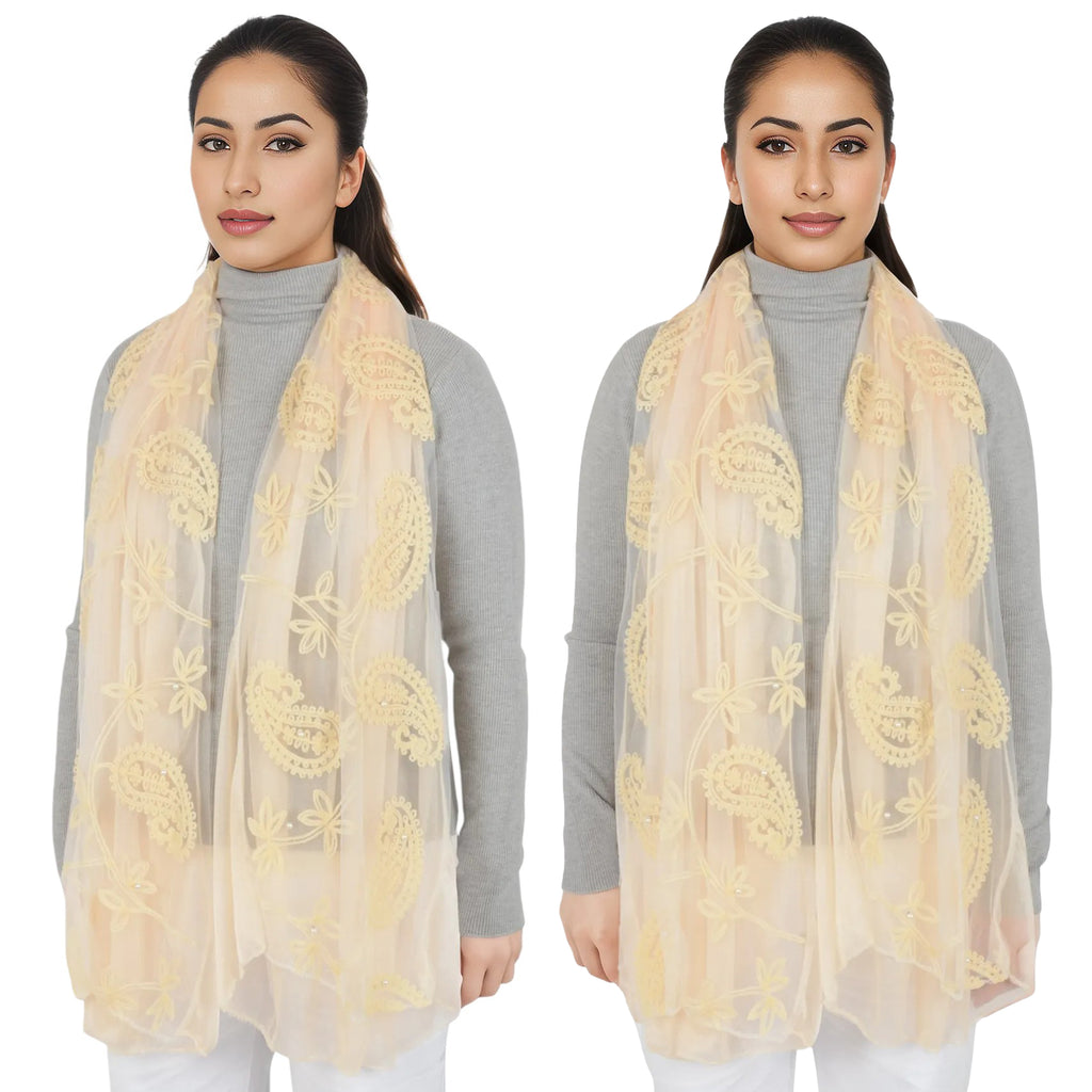Anna-Kaci Women's Embroidered Floral Lace Scarf Solid Double Layered Faux Pearls Long Wrap Scarf