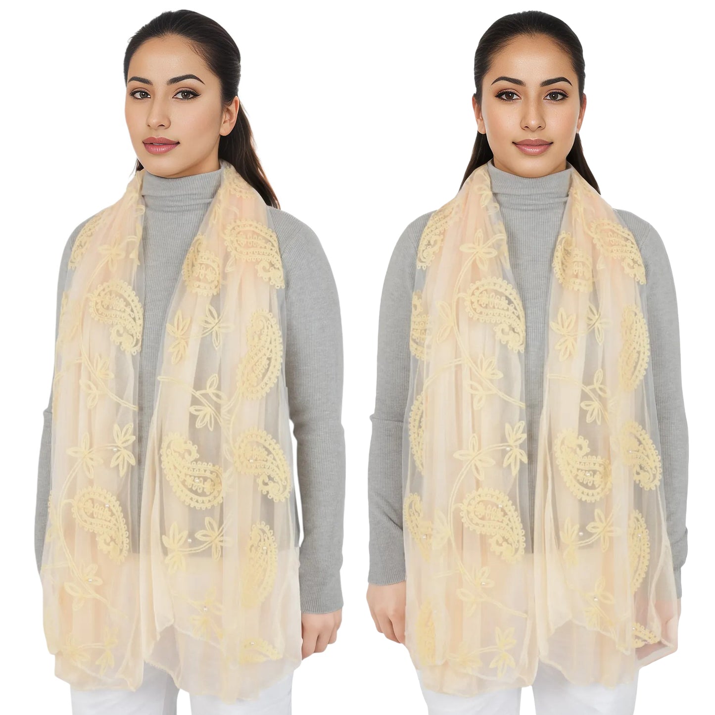 Anna-Kaci Women's Embroidered Floral Lace Scarf Solid Double Layered Faux Pearls Long Wrap Scarf
