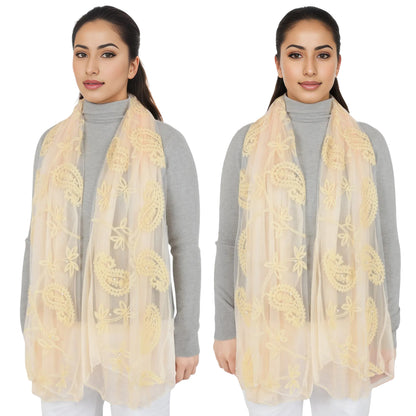 Anna-Kaci Women's Embroidered Floral Lace Scarf Solid Double Layered Faux Pearls Long Wrap Scarf