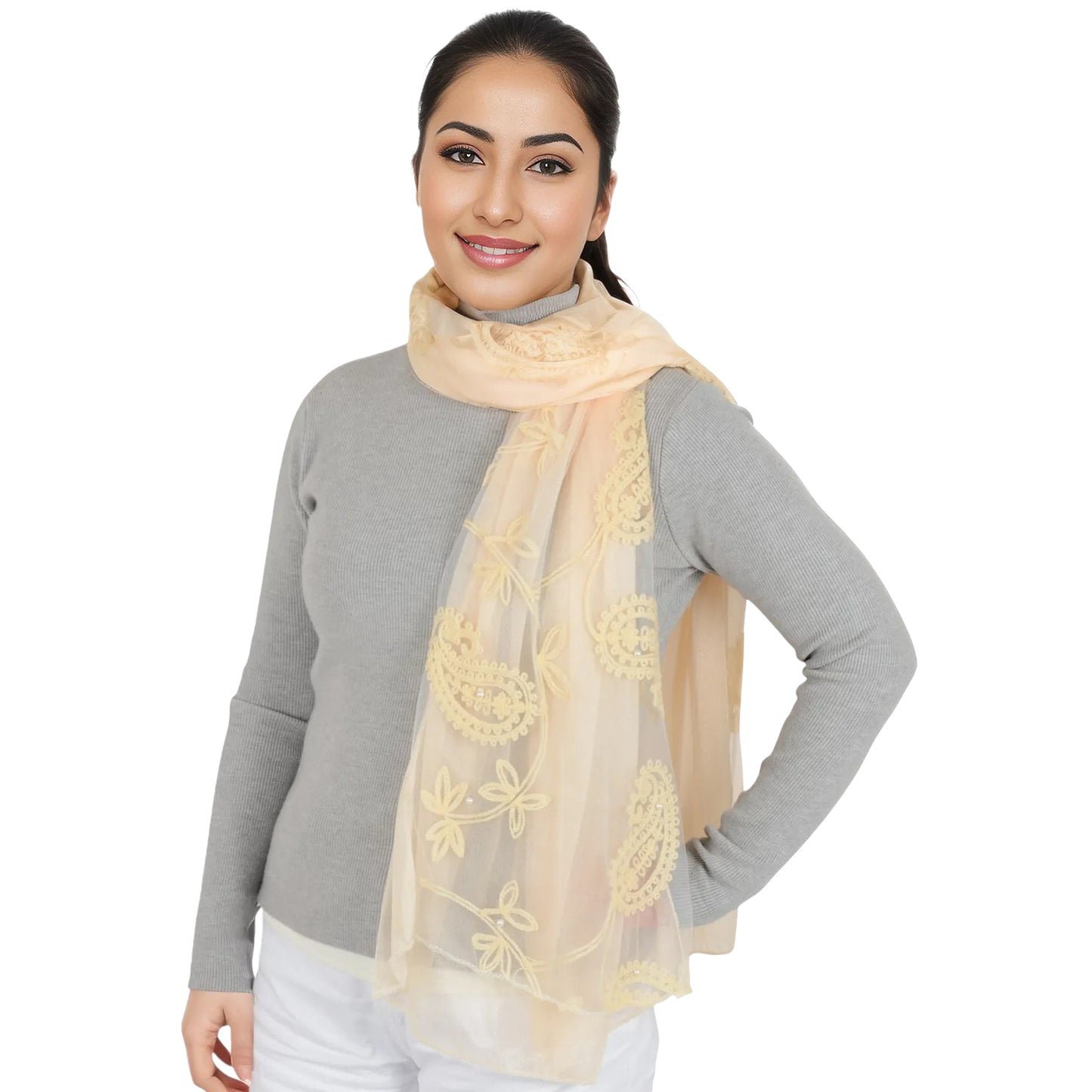 Anna-Kaci Women's Embroidered Floral Lace Scarf Solid Double Layered Faux Pearls Long Wrap Scarf