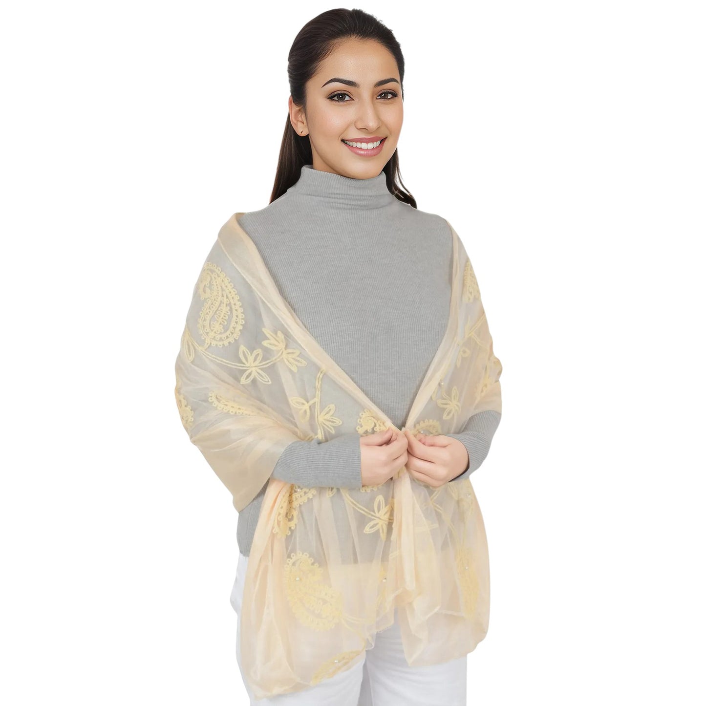 Anna-Kaci Women's Embroidered Floral Lace Scarf Solid Double Layered Faux Pearls Long Wrap Scarf