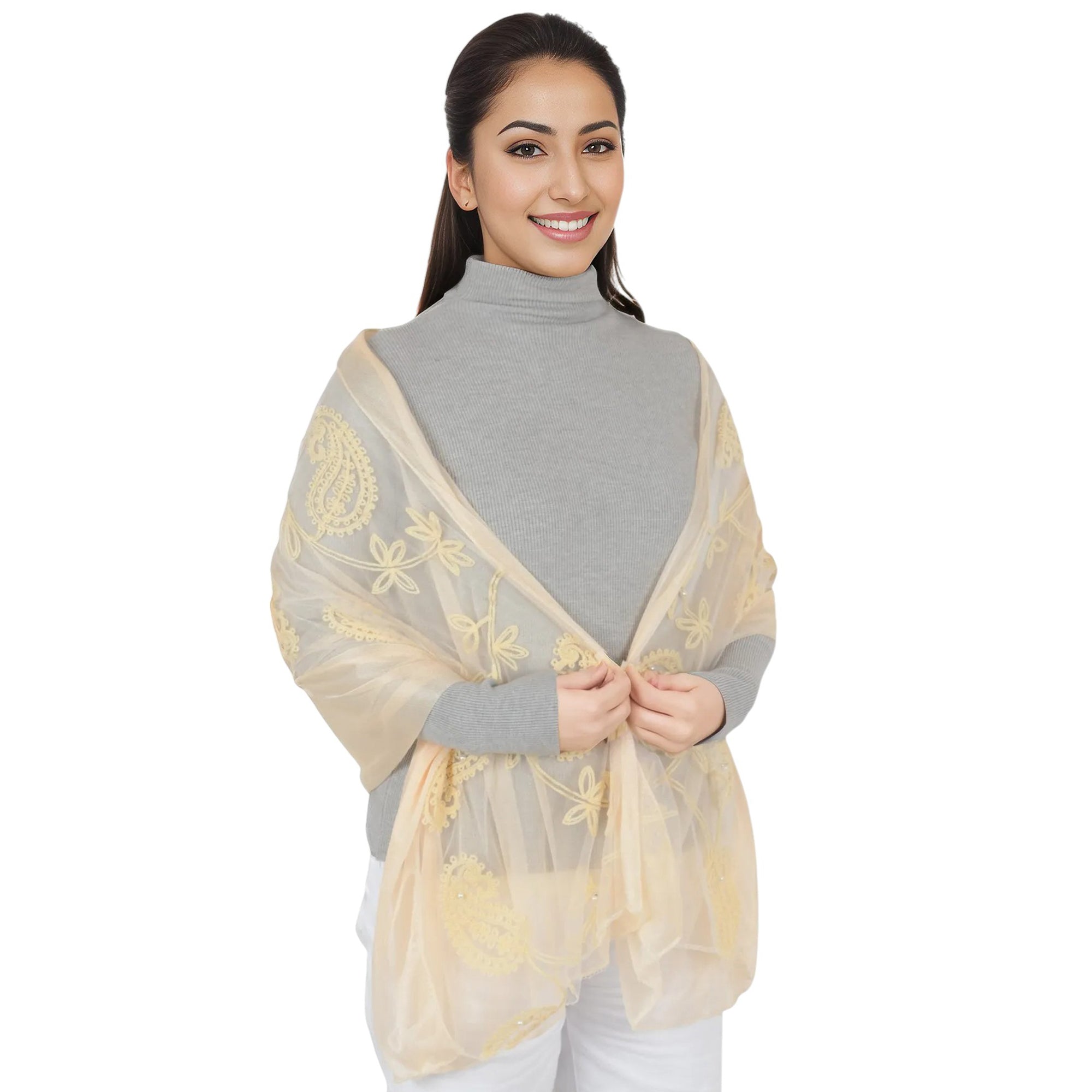 Anna-Kaci Women's Embroidered Floral Lace Scarf Solid Double Layered Faux Pearls Long Wrap Scarf