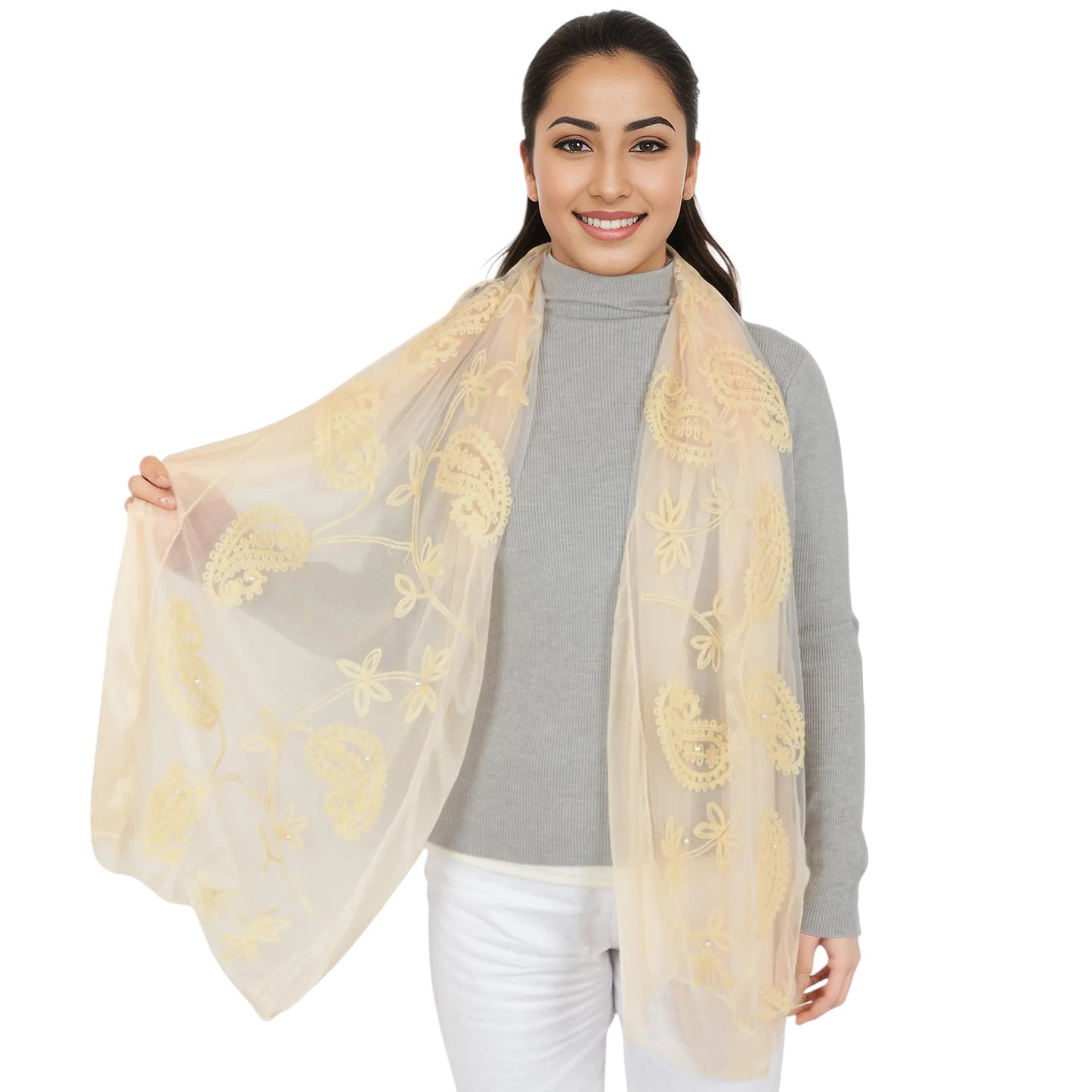 Anna-Kaci Women's Embroidered Floral Lace Scarf Solid Double Layered Faux Pearls Long Wrap Scarf