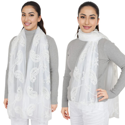 Anna-Kaci Women's Embroidered Floral Lace Scarf Solid Double Layered Faux Pearls Long Wrap Scarf