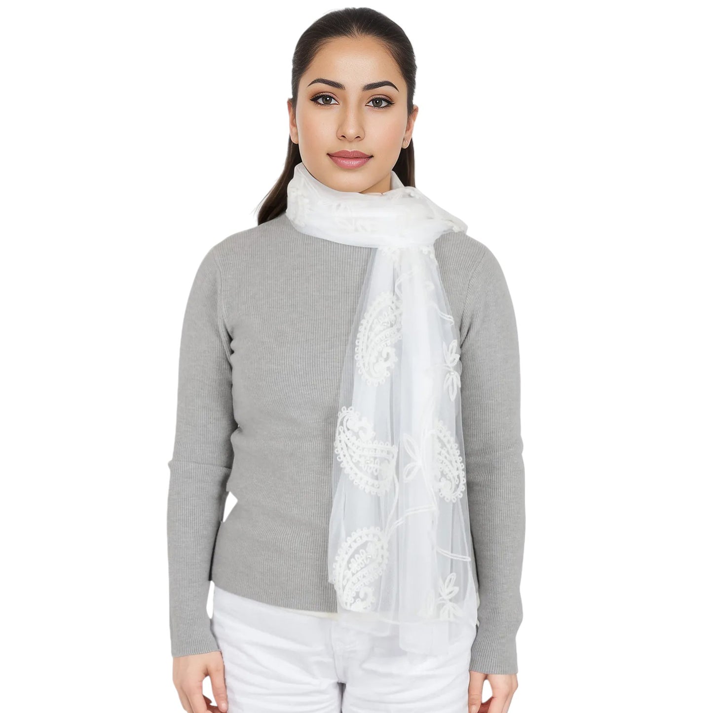 Anna-Kaci Women's Embroidered Floral Lace Scarf Solid Double Layered Faux Pearls Long Wrap Scarf
