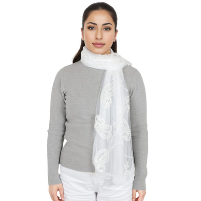 Anna-Kaci Women's Embroidered Floral Lace Scarf Solid Double Layered Faux Pearls Long Wrap Scarf