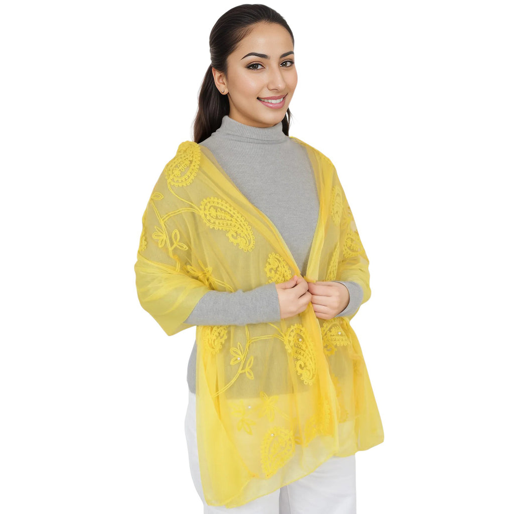 Anna-Kaci Women's Embroidered Floral Lace Scarf Solid Double Layered Faux Pearls Long Wrap Scarf
