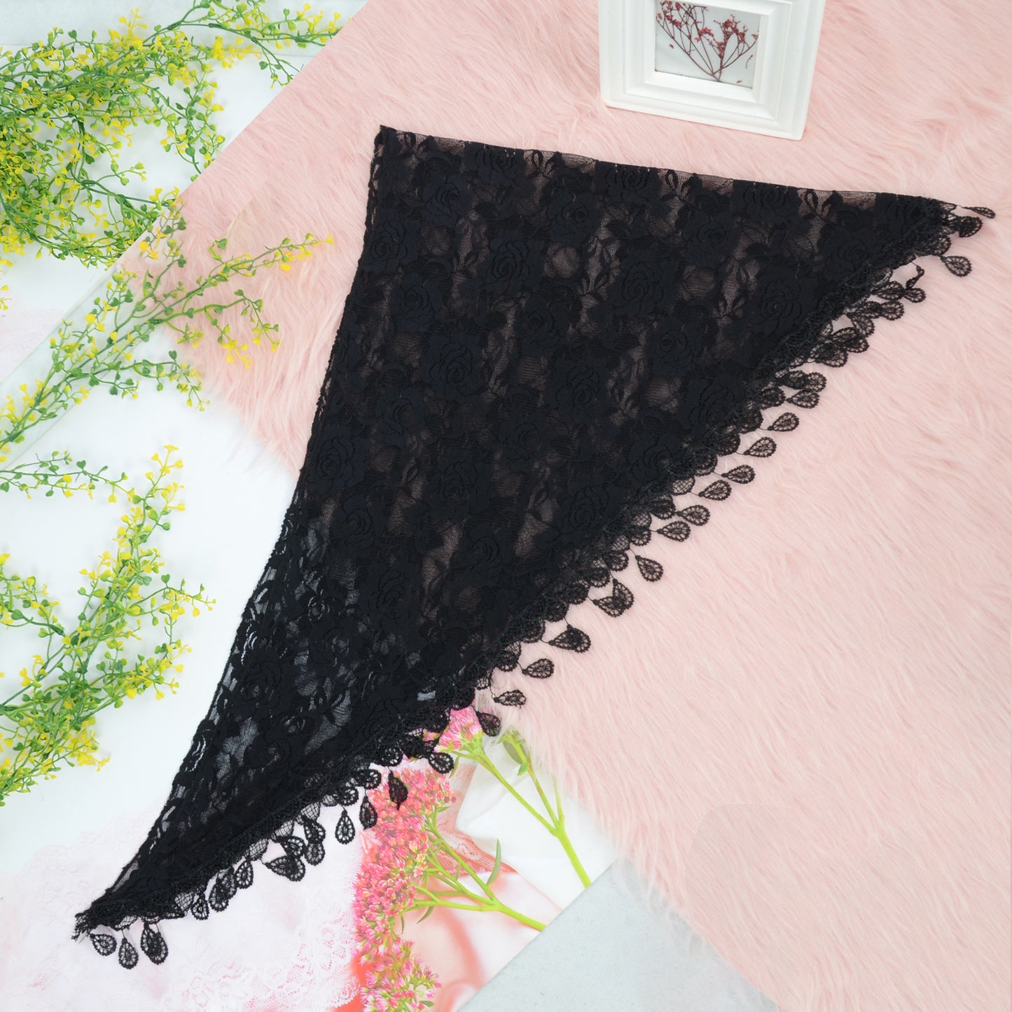 Anna-Kaci Women's Sheer Floral Lace Triangle Mantilla Scarf Lightweight Tassel Shawl Wrap Head Scarf