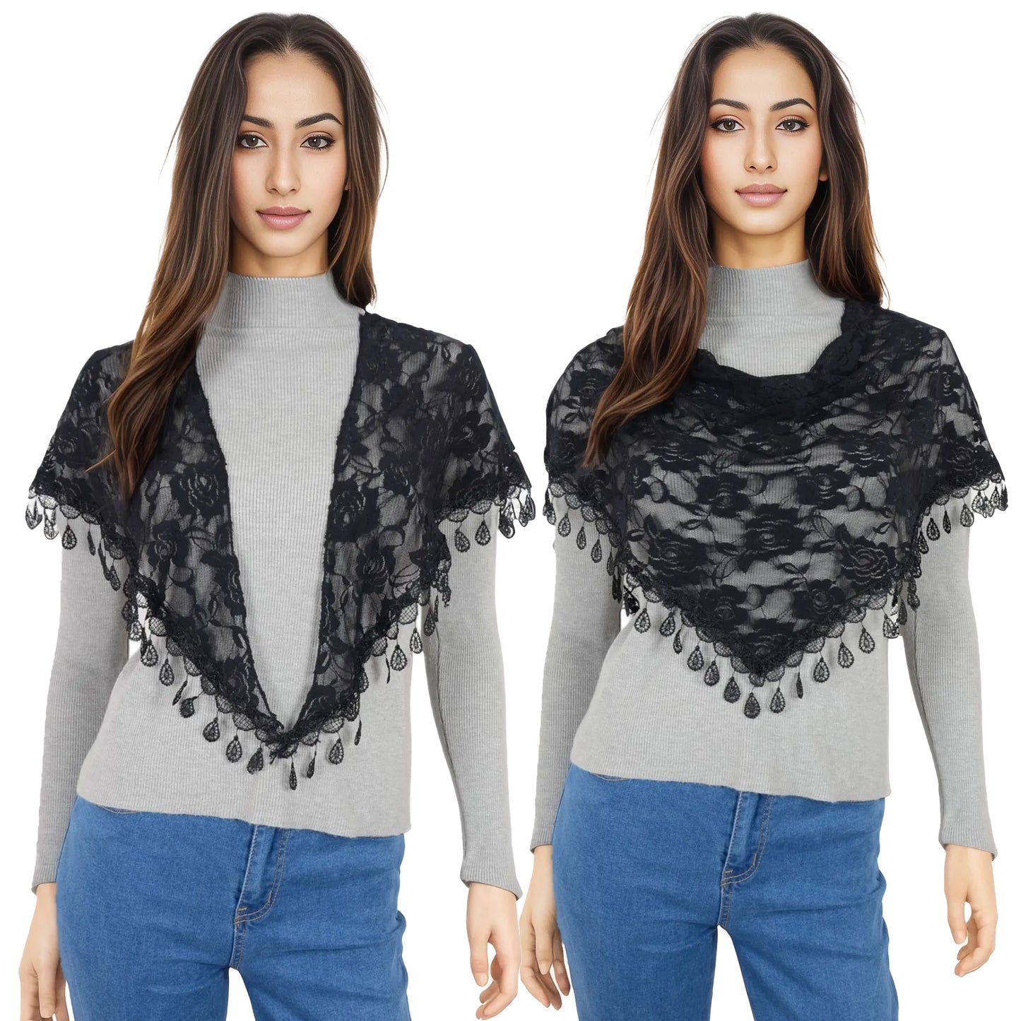 Anna-Kaci Women's Sheer Floral Lace Triangle Mantilla Scarf Lightweight Tassel Shawl Wrap Head Scarf