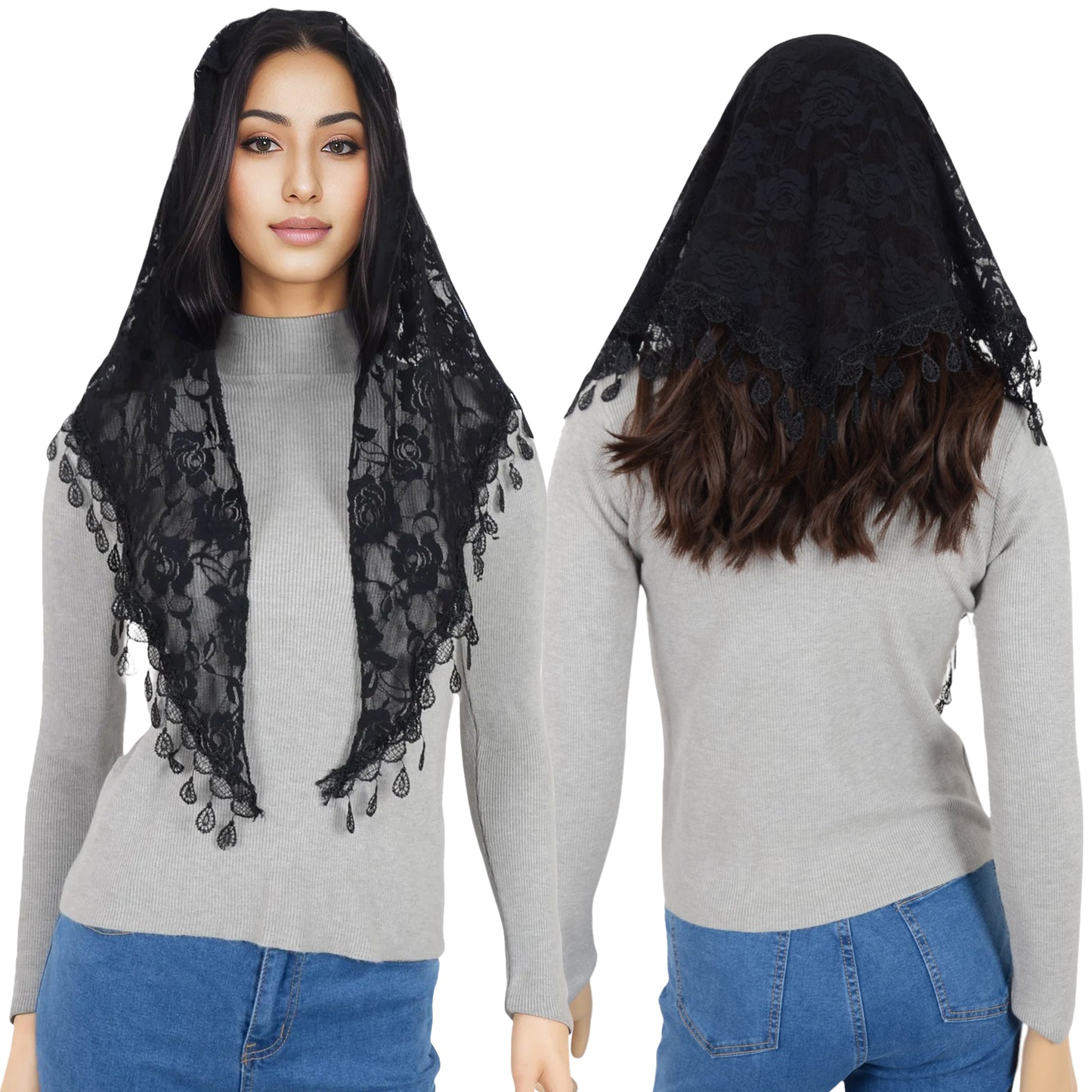 Anna-Kaci Women's Sheer Floral Lace Triangle Mantilla Scarf Lightweight Tassel Shawl Wrap Head Scarf