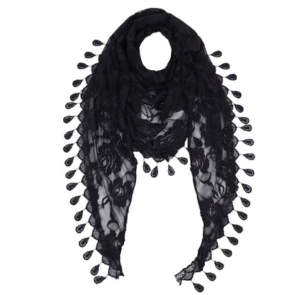 Anna-Kaci Women's Sheer Floral Lace Triangle Mantilla Scarf Lightweight Tassel Shawl Wrap Head Scarf