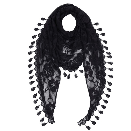 Anna-Kaci Women's Sheer Floral Lace Triangle Mantilla Scarf Lightweight Tassel Shawl Wrap Head Scarf