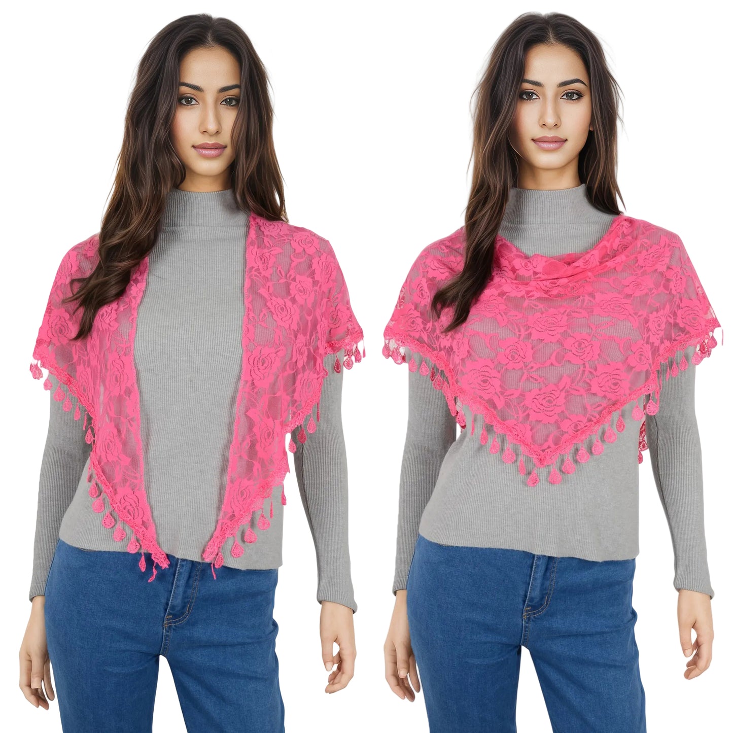 Anna-Kaci Women's Sheer Floral Lace Triangle Mantilla Scarf Lightweight Tassel Shawl Wrap Head Scarf