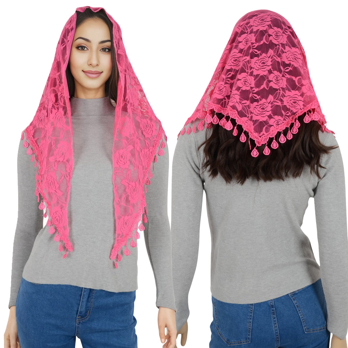 Anna-Kaci Women's Sheer Floral Lace Triangle Mantilla Scarf Lightweight Tassel Shawl Wrap Head Scarf