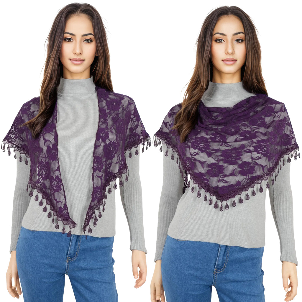 Anna-Kaci Women's Sheer Floral Lace Triangle Mantilla Scarf Lightweight Tassel Shawl Wrap Head Scarf