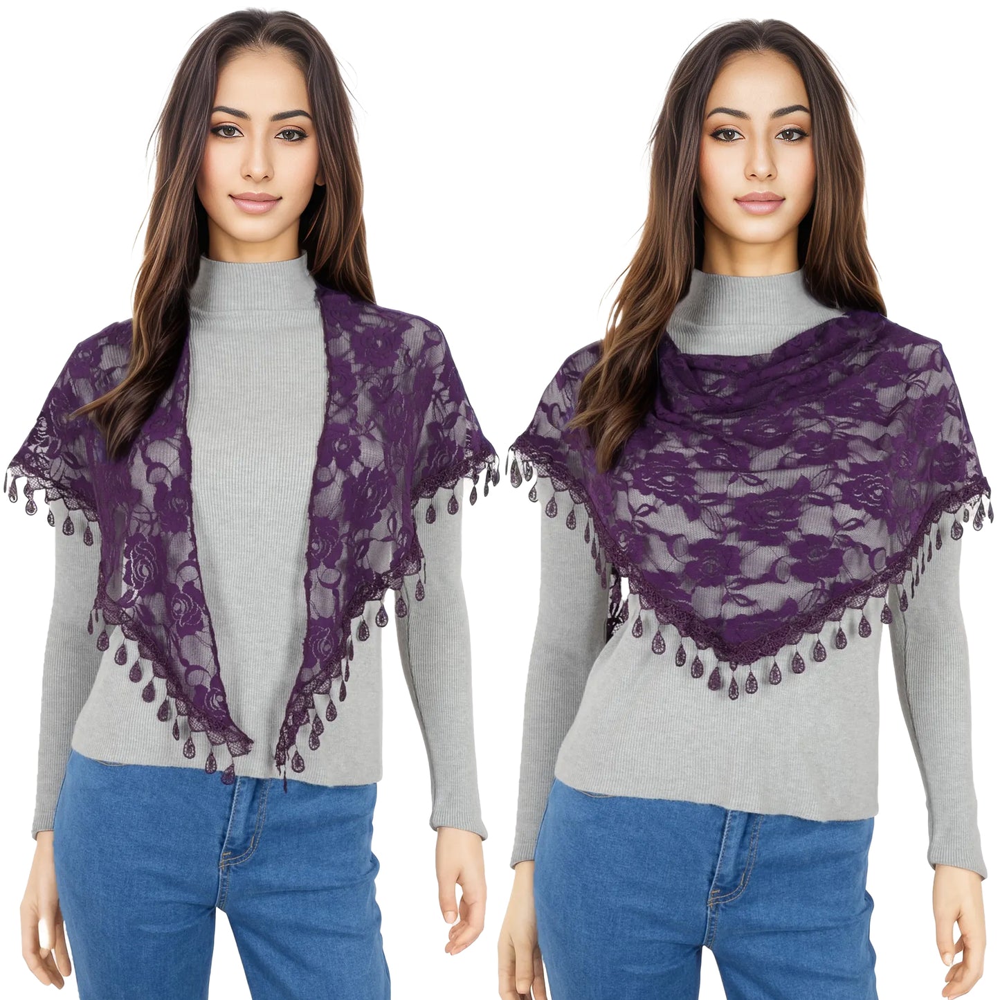 Anna-Kaci Women's Sheer Floral Lace Triangle Mantilla Scarf Lightweight Tassel Shawl Wrap Head Scarf