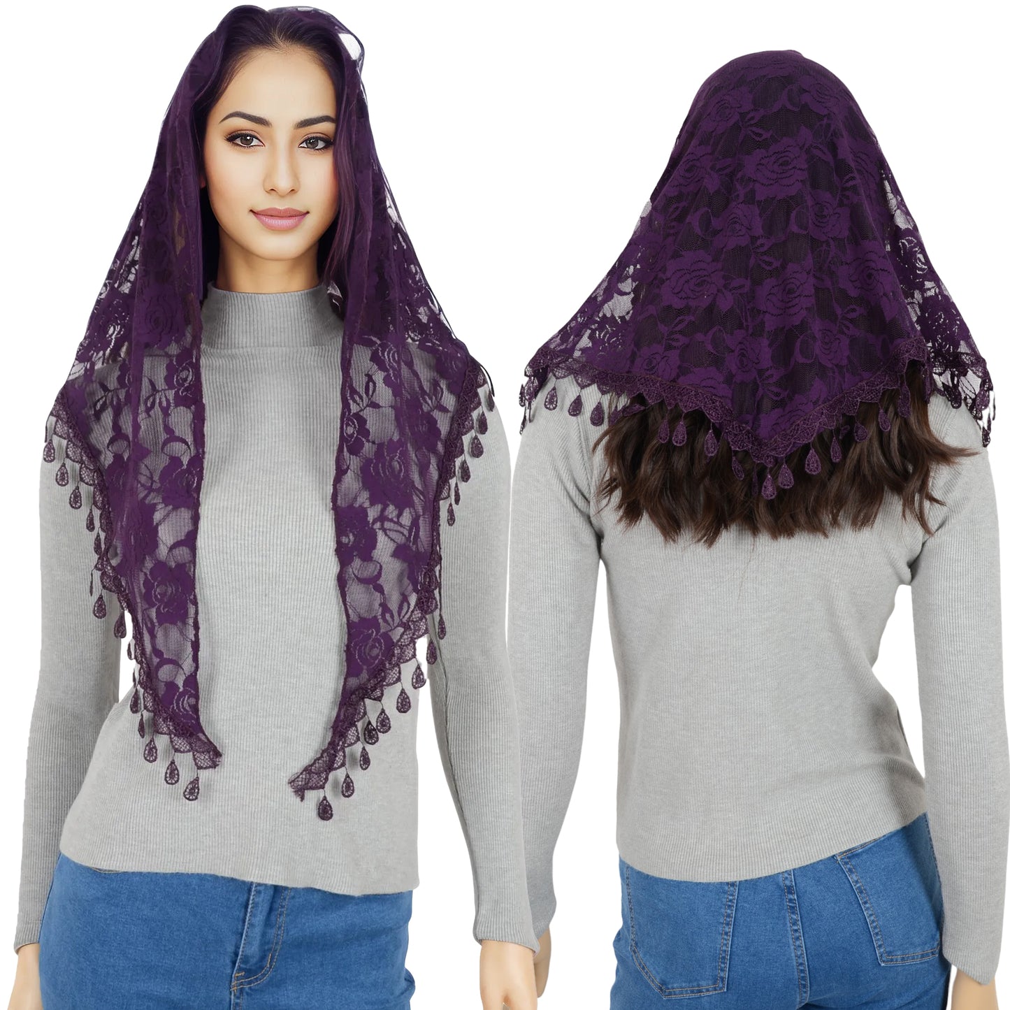 Anna-Kaci Women's Sheer Floral Lace Triangle Mantilla Scarf Lightweight Tassel Shawl Wrap Head Scarf