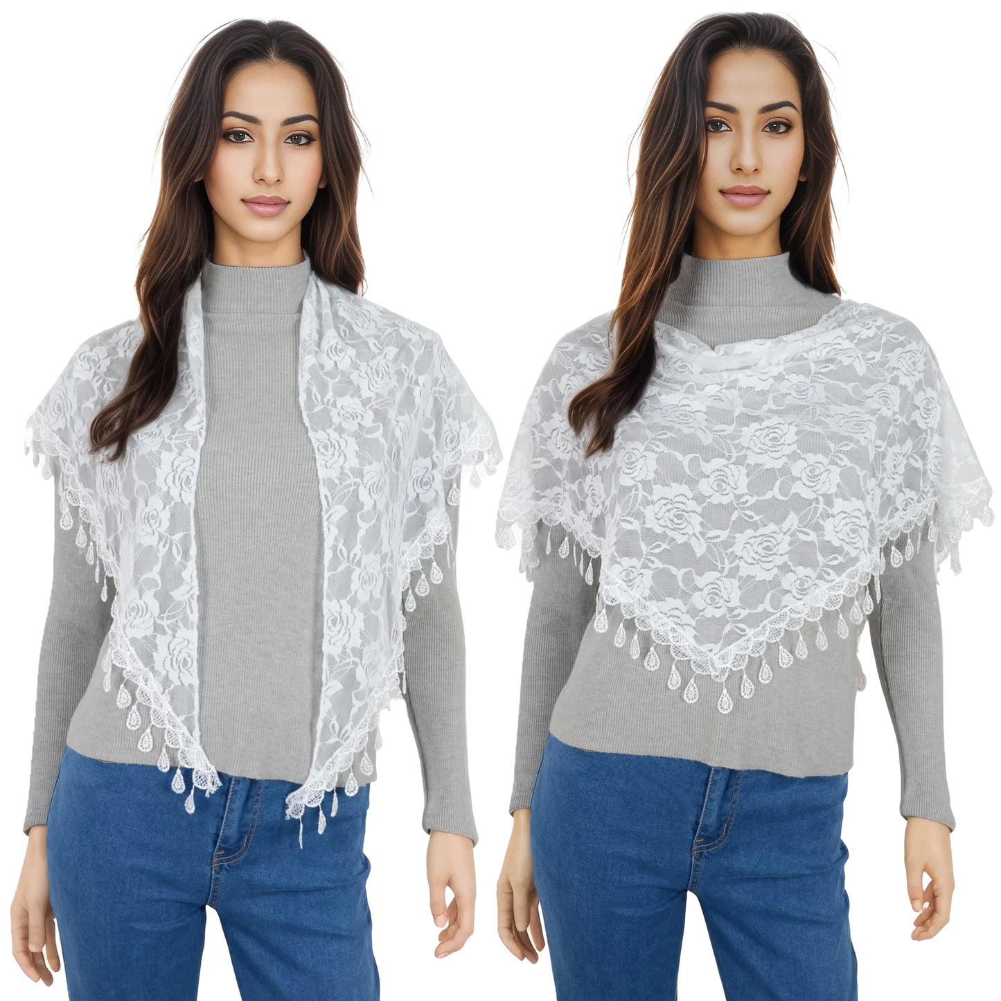 Anna-Kaci Women's Sheer Floral Lace Triangle Mantilla Scarf Lightweight Tassel Shawl Wrap Head Scarf