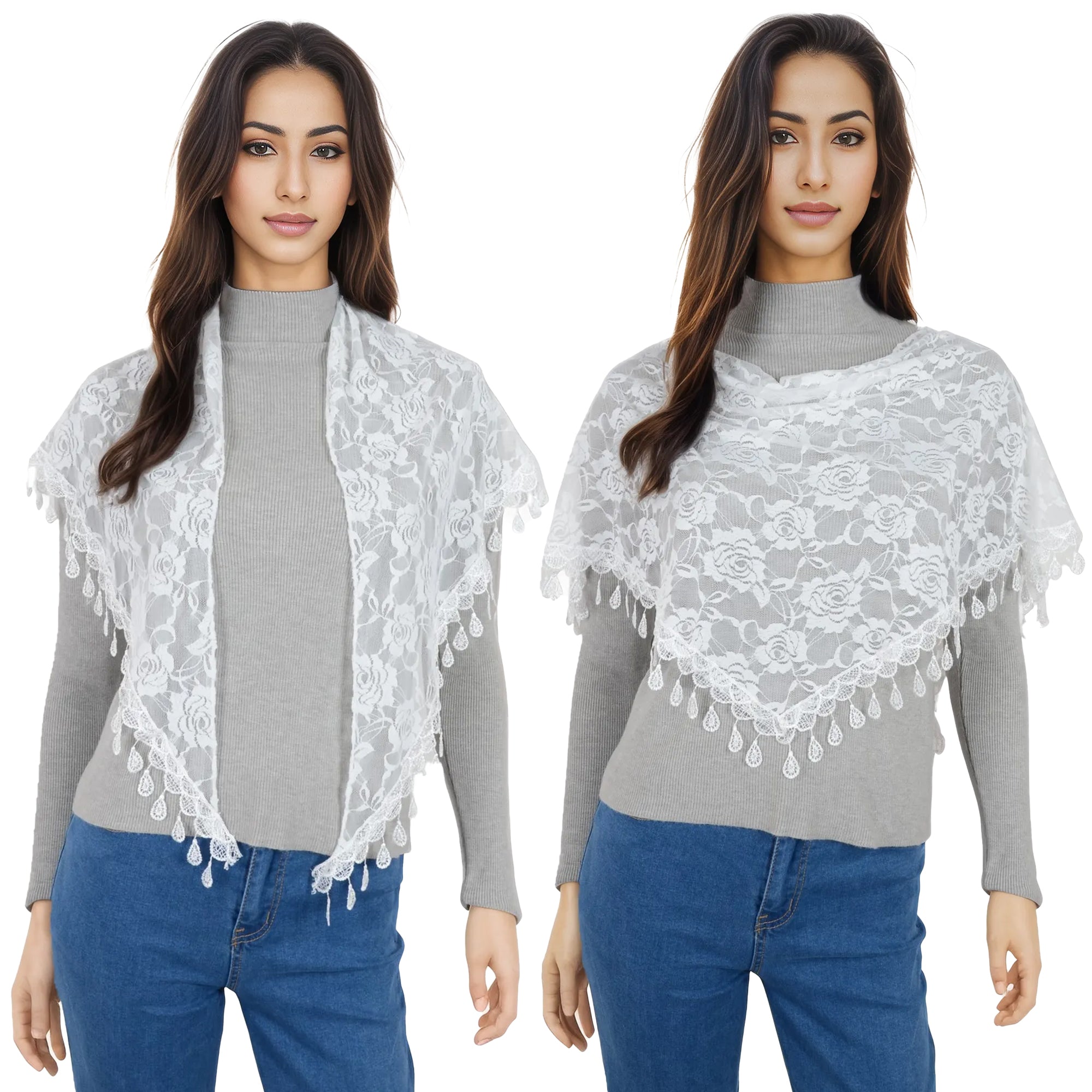 Anna-Kaci Women's Sheer Floral Lace Triangle Mantilla Scarf Lightweight Tassel Shawl Wrap Head Scarf