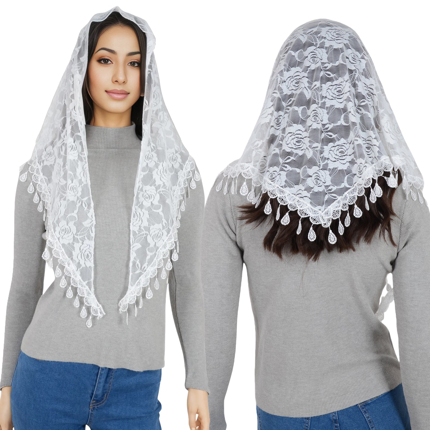 Anna-Kaci Women's Sheer Floral Lace Triangle Mantilla Scarf Lightweight Tassel Shawl Wrap Head Scarf