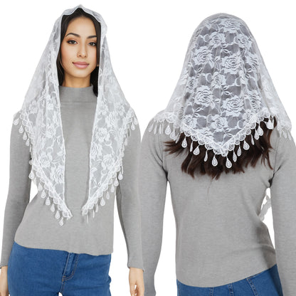 Anna-Kaci Women's Sheer Floral Lace Triangle Mantilla Scarf Lightweight Tassel Shawl Wrap Head Scarf