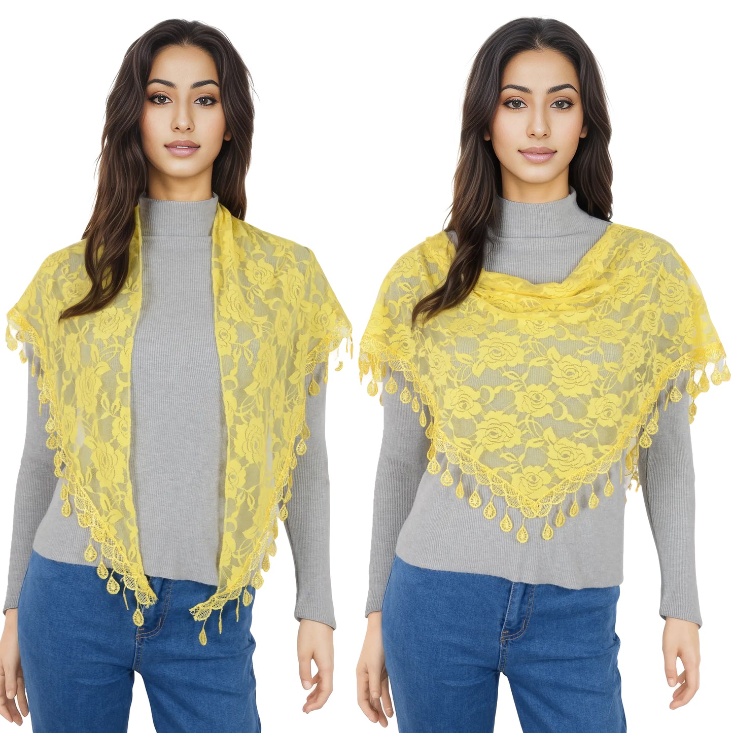Anna-Kaci Women's Sheer Floral Lace Triangle Mantilla Scarf Lightweight Tassel Shawl Wrap Head Scarf