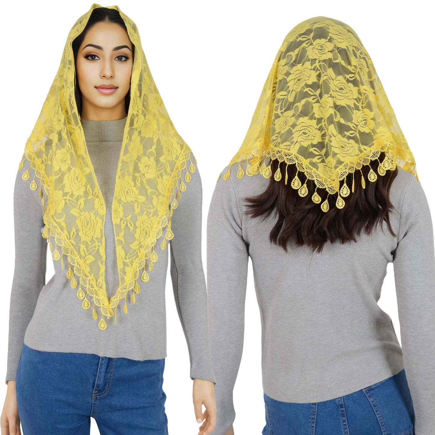 Anna-Kaci Women's Sheer Floral Lace Triangle Mantilla Scarf Lightweight Tassel Shawl Wrap Head Scarf