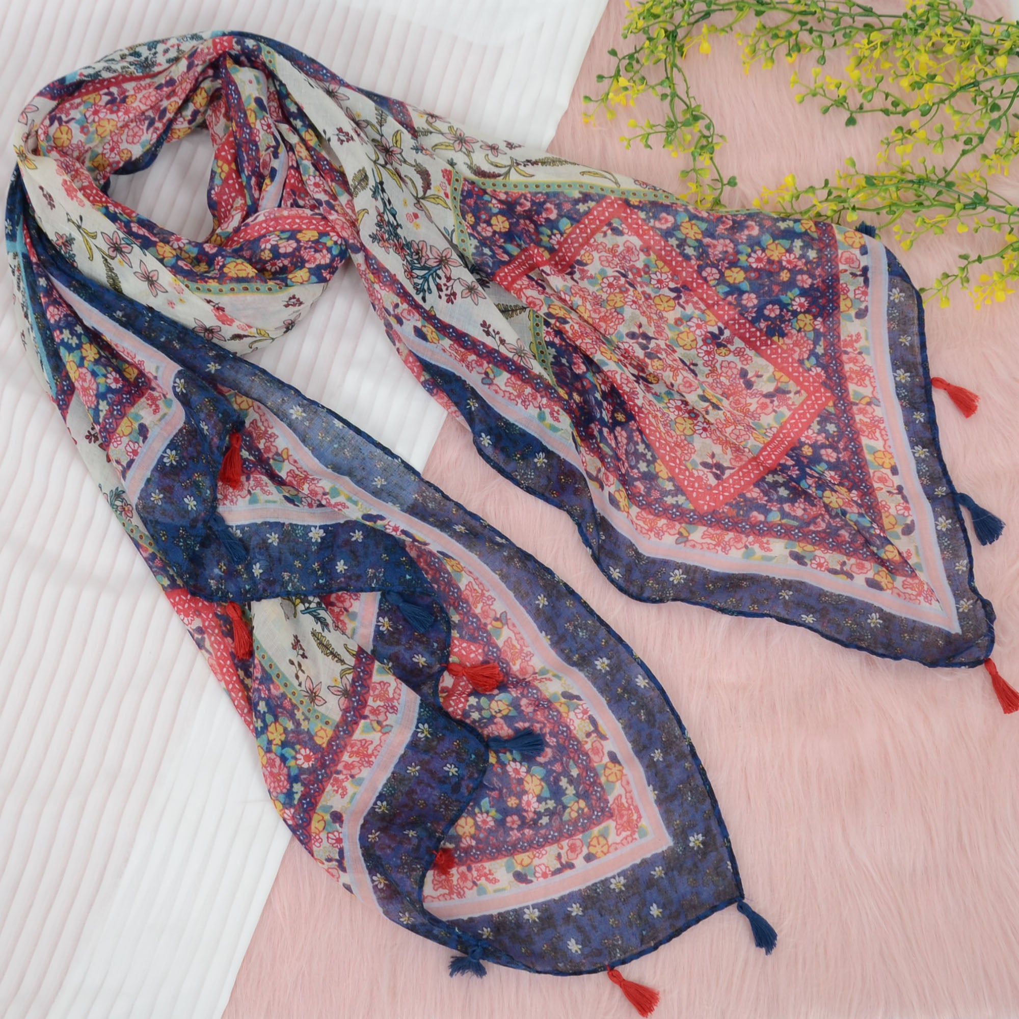 Anna-Kaci Women's Boho Floral Printed Scarf Fashion Fringed Colorful Shawl Wrap Scarves