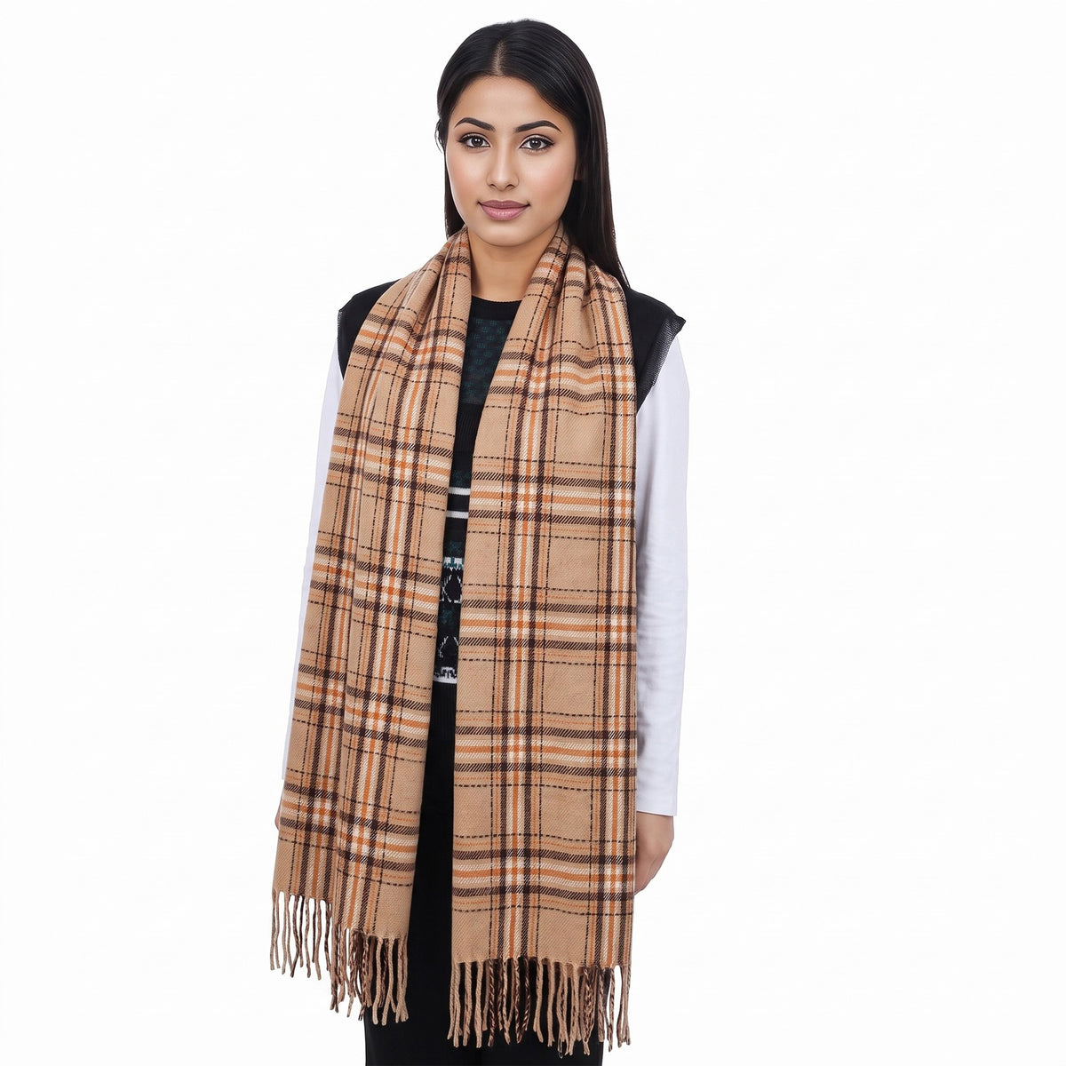 Classic Plaid Winter Scarf Soft Cashmere Feel Wrap Shawl Check Tassel Scarves for Women