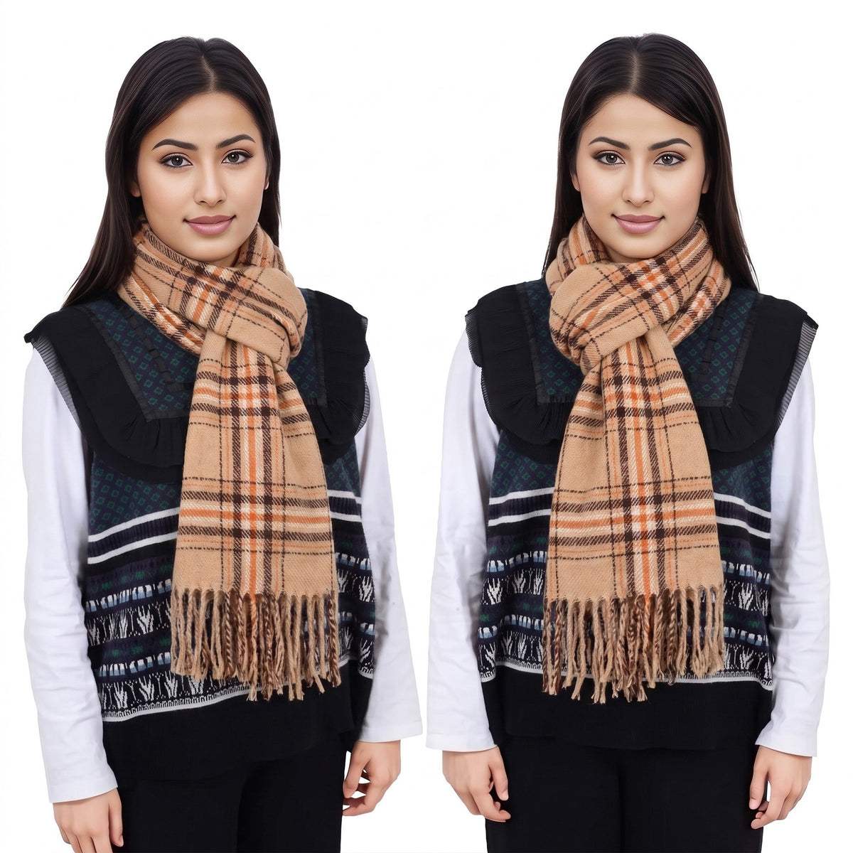 Classic Plaid Winter Scarf Soft Cashmere Feel Wrap Shawl Check Tassel Scarves for Women