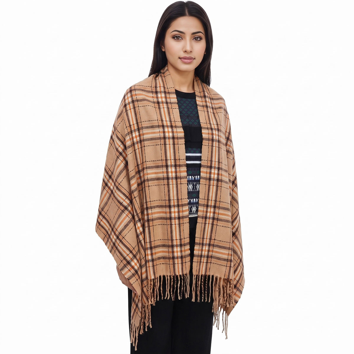 Classic Plaid Winter Scarf Soft Cashmere Feel Wrap Shawl Check Tassel Scarves for Women