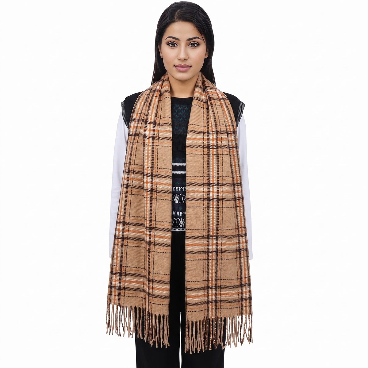 Classic Plaid Winter Scarf Soft Cashmere Feel Wrap Shawl Check Tassel Scarves for Women