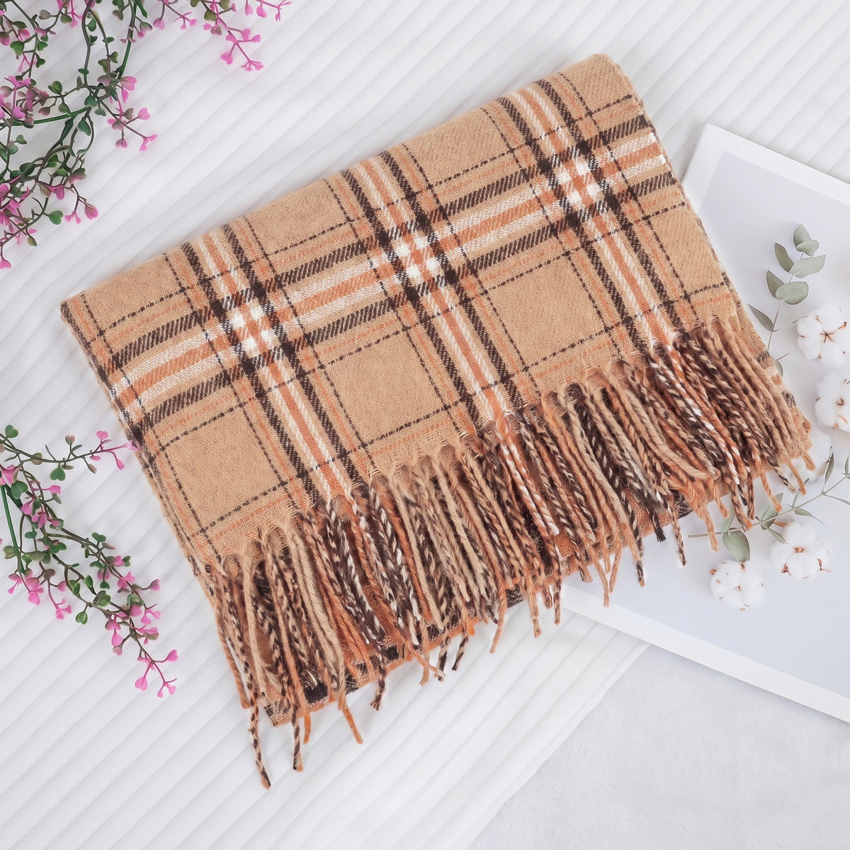 Classic Plaid Winter Scarf Soft Cashmere Feel Wrap Shawl Check Tassel Scarves for Women