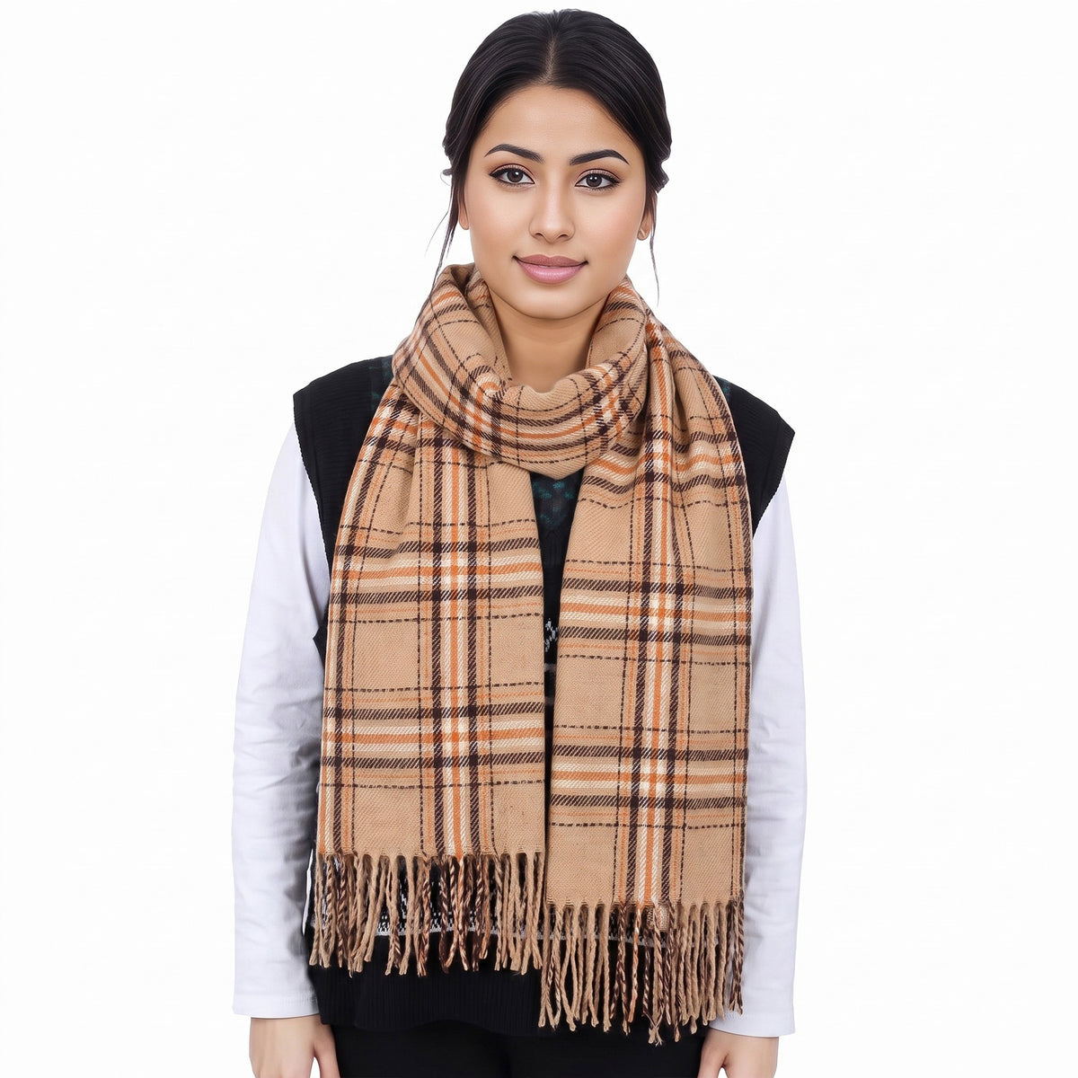 Classic Plaid Winter Scarf Soft Cashmere Feel Wrap Shawl Check Tassel Scarves for Women