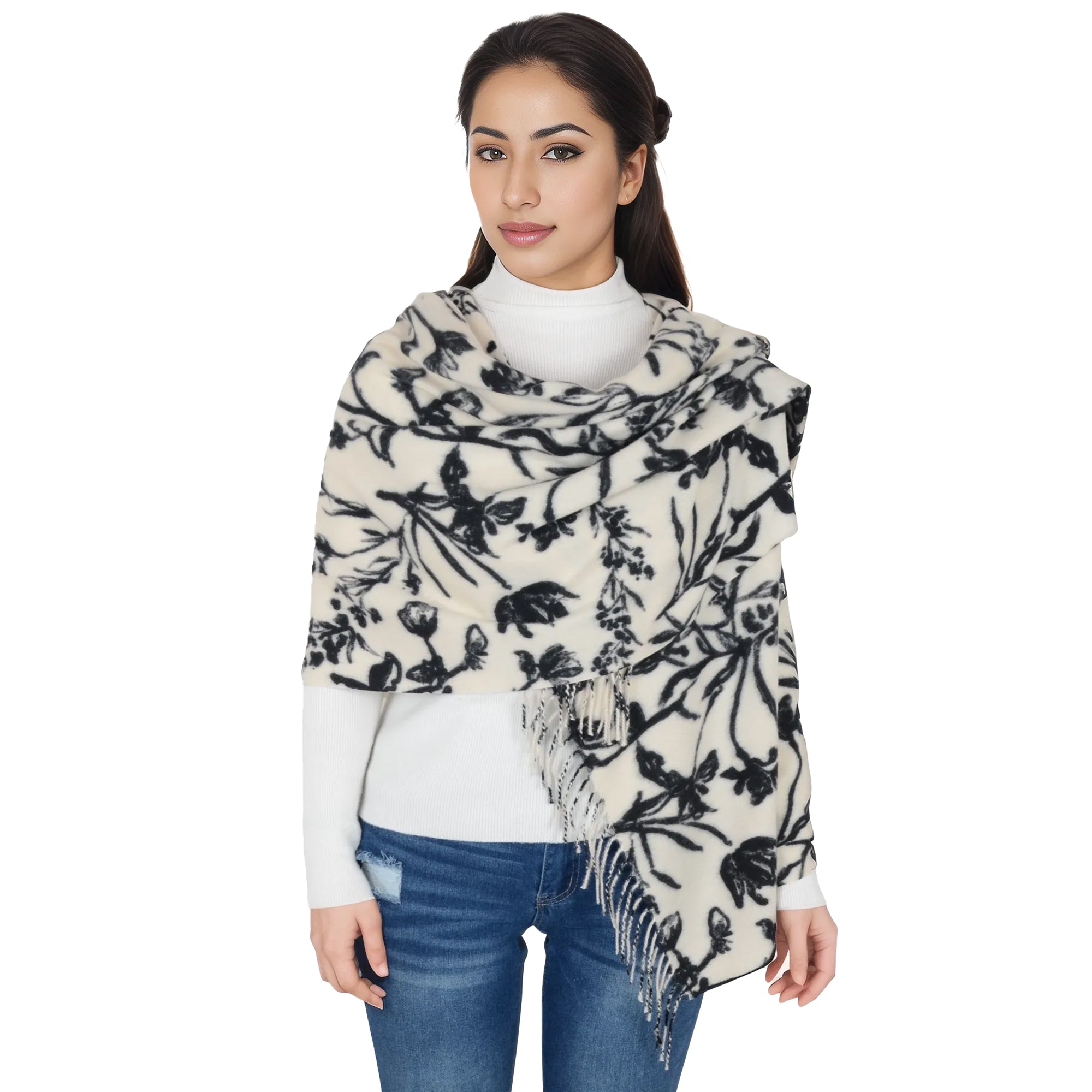 Anna-Kaci Women's Floral Print Winter Scarf Soft Cashmere Feel Fringe Shawl Wrap Scarves for Evening Dress