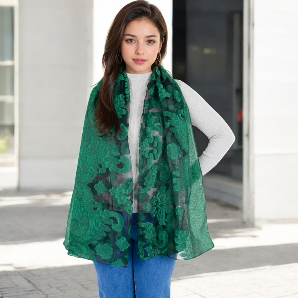 Anna-Kaci Women's Elegant Floral Embroidered Sheer Scarf with Lightweight Textured Fabric Overlay for Sophisticated Style