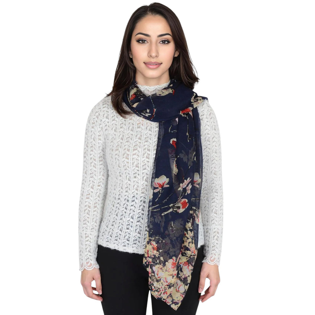 Anna-Kaci Women's Lightweight Floral Birds Print Scarf Cotton Linen Shawls Wrap Scarves