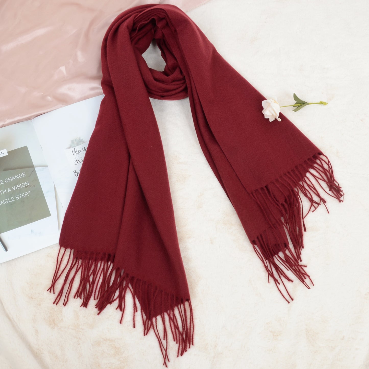 Anna-Kaci Women's Winter Cashmere Feel Scarf Solid Color Classic Fringe Shawls Wrap Scarves for Evening Dresses