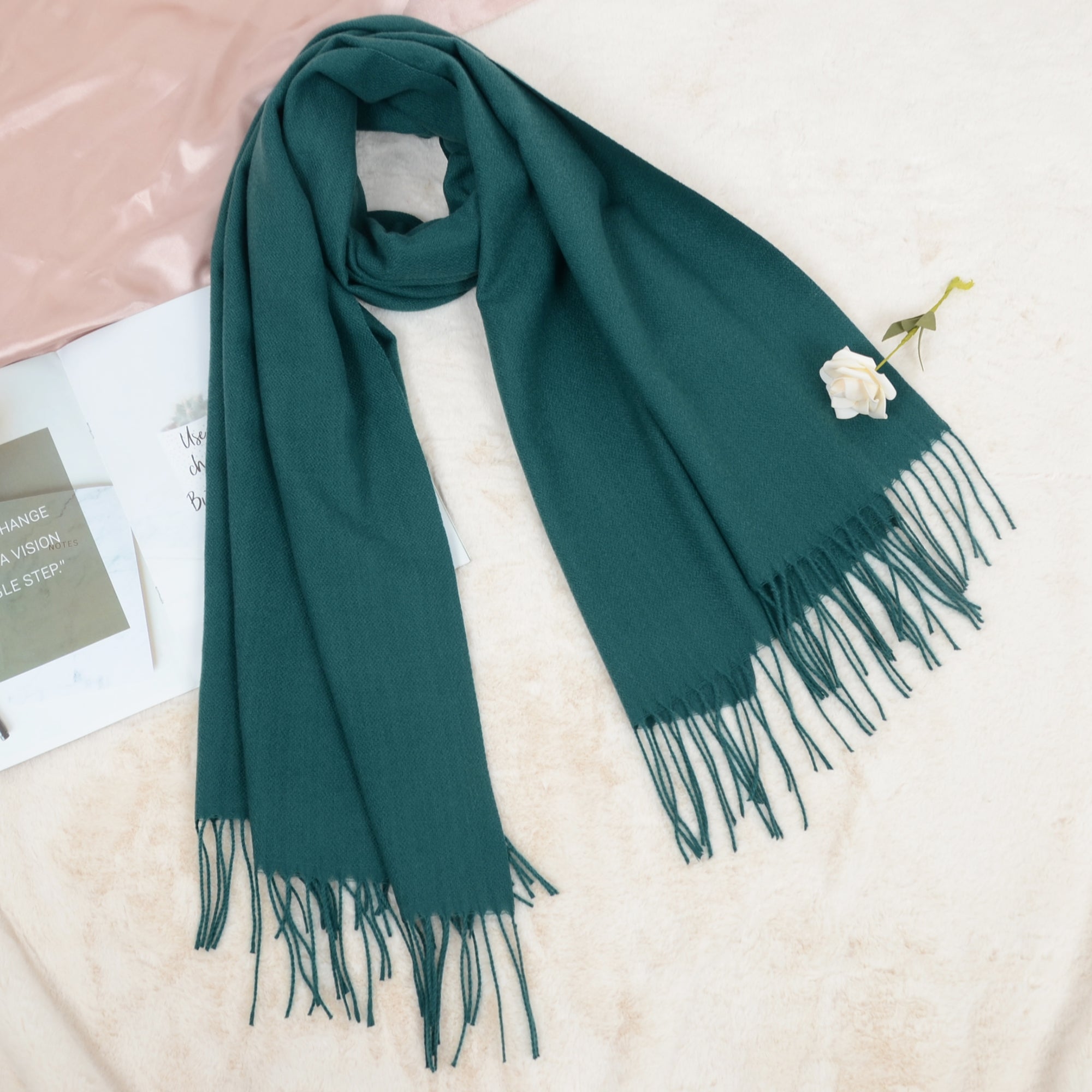 Anna-Kaci Women's Winter Cashmere Feel Scarf Solid Color Classic Fringe Shawls Wrap Scarves for Evening Dresses