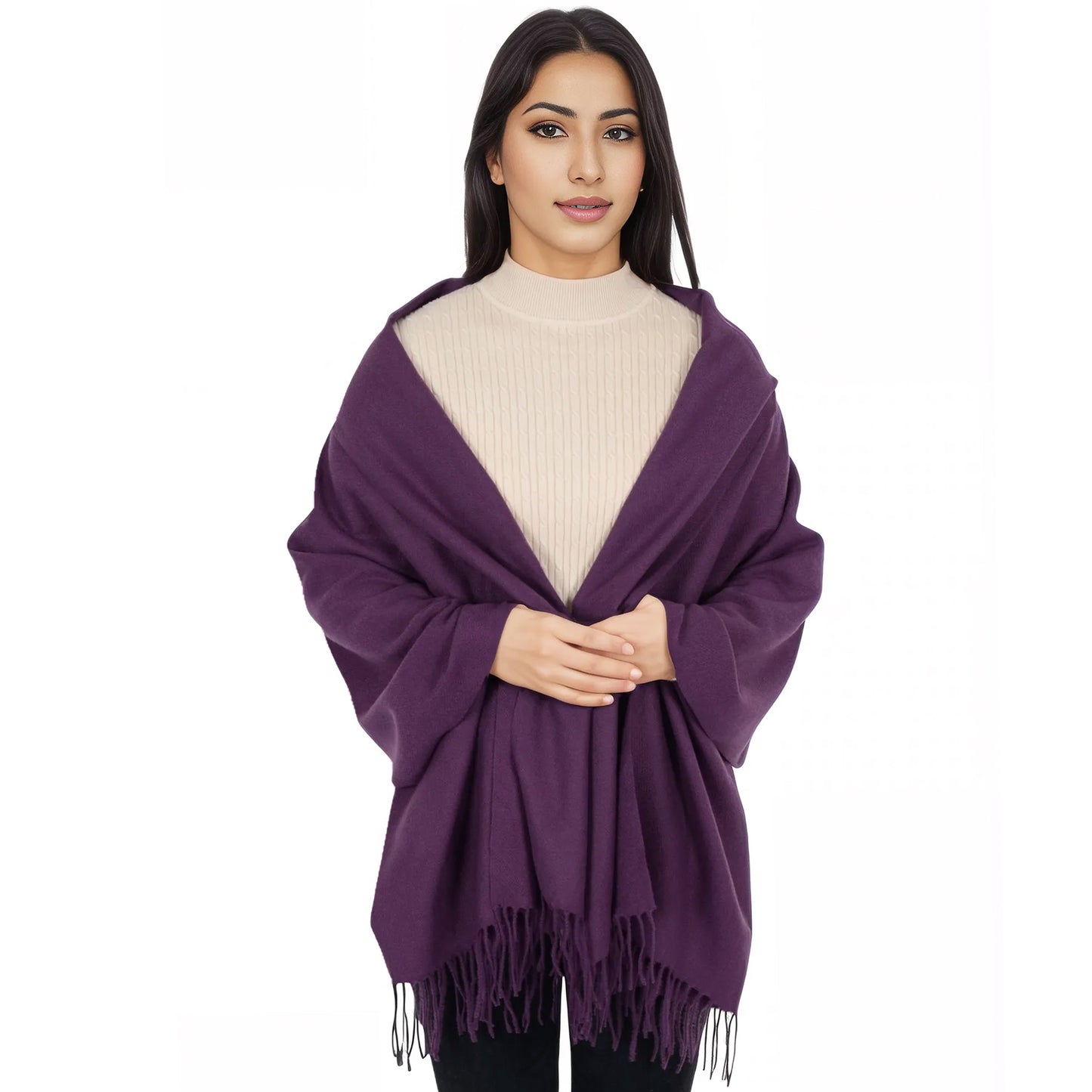 Anna-Kaci Women's Winter Cashmere Feel Scarf Solid Color Classic Fringe Shawls Wrap Scarves for Evening Dresses
