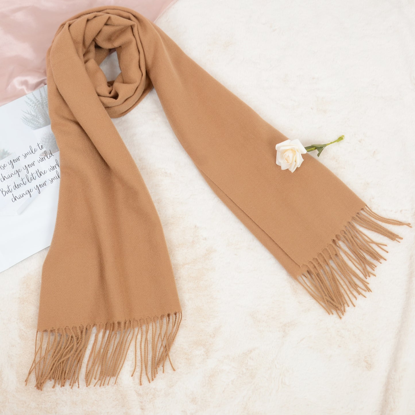 Anna-Kaci Women's Winter Cashmere Feel Scarf Solid Color Classic Fringe Shawls Wrap Scarves for Evening Dresses