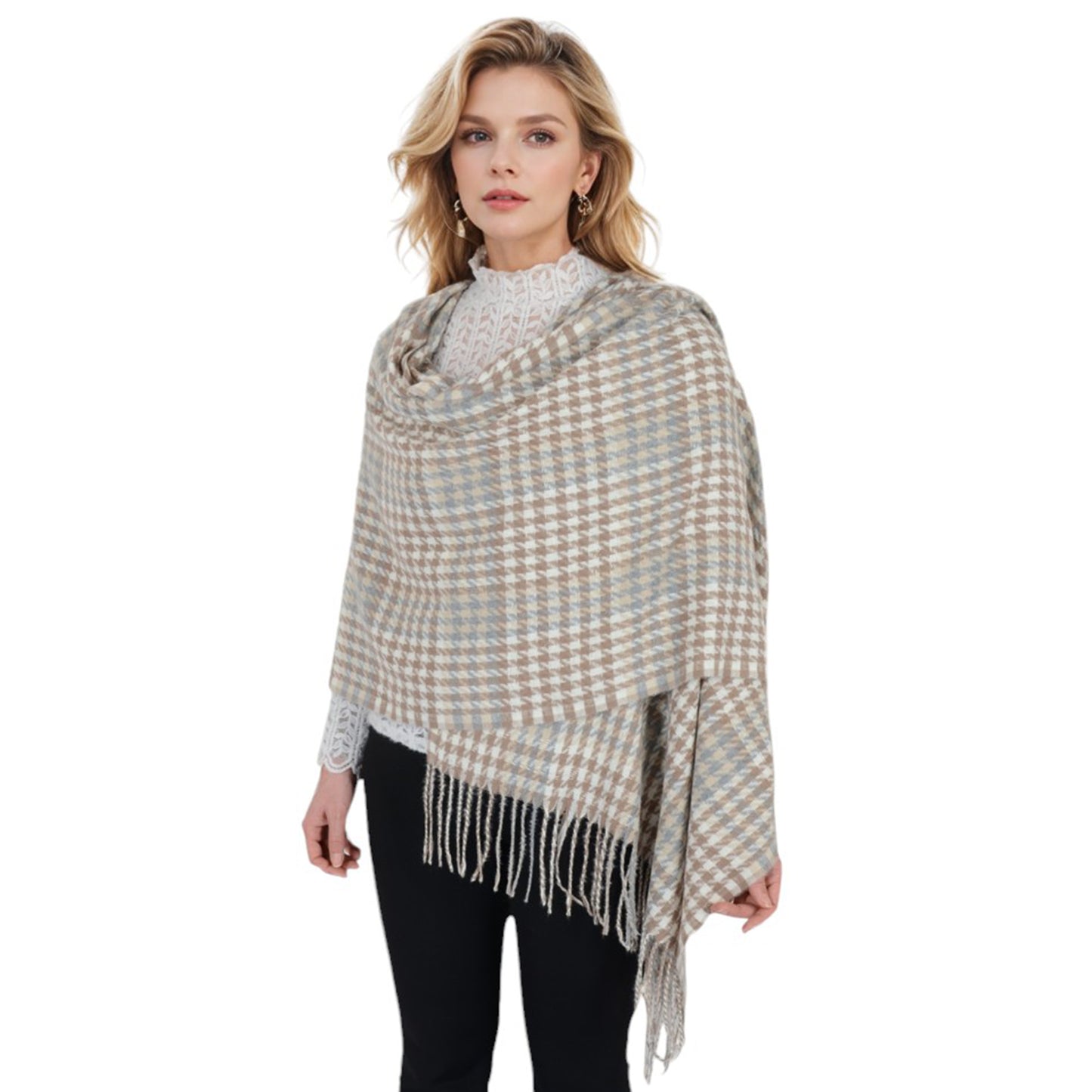Anna-Kaci Women's Houndstooth Plaid Winter Scarf Soft Fringe Oversized Wrap Shawls