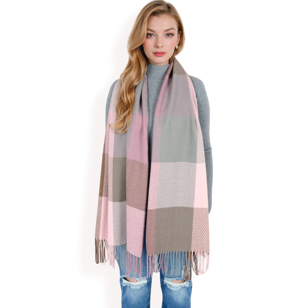 Anna-Kaci Women's Oversized Plaid Blanket Scarf with Fringe Trim and Soft Textured Fabric