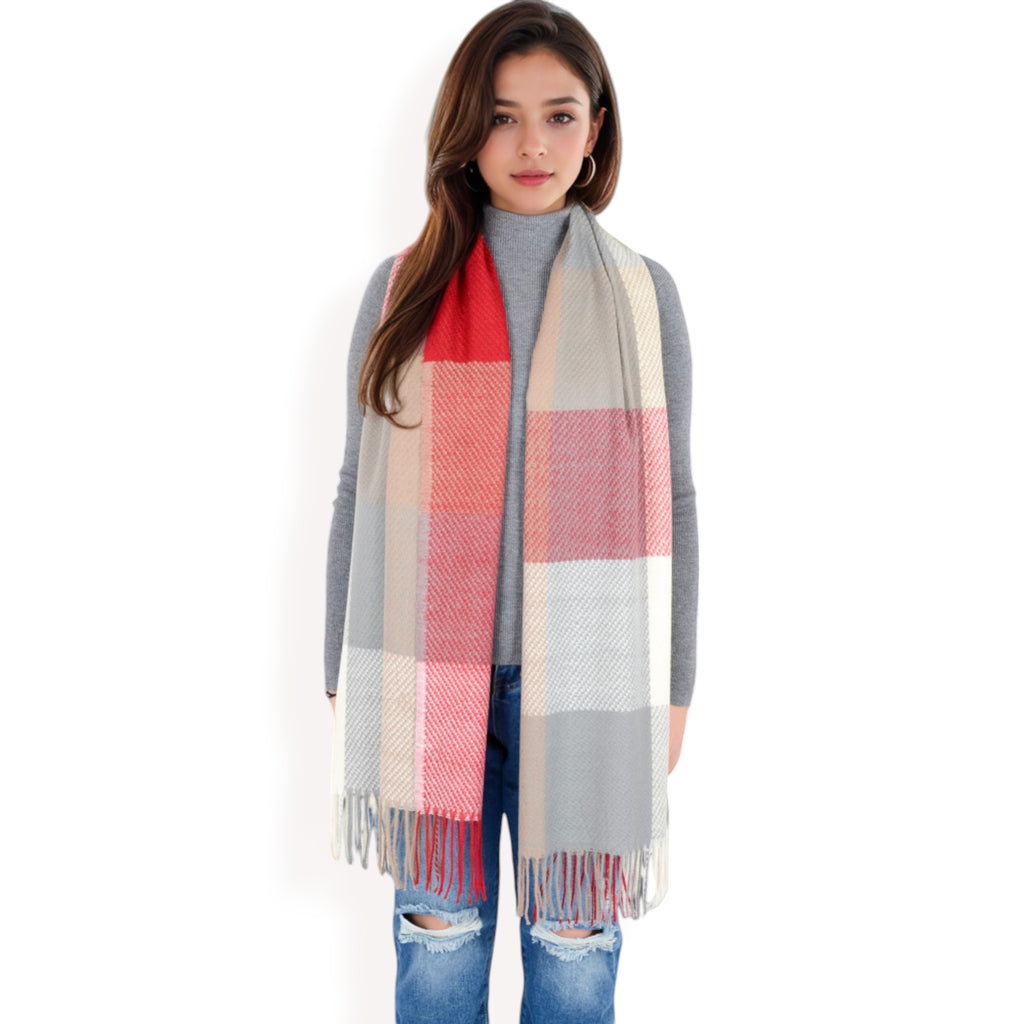 Anna-Kaci Women's Oversized Plaid Blanket Scarf with Fringe Trim and Soft Textured Fabric