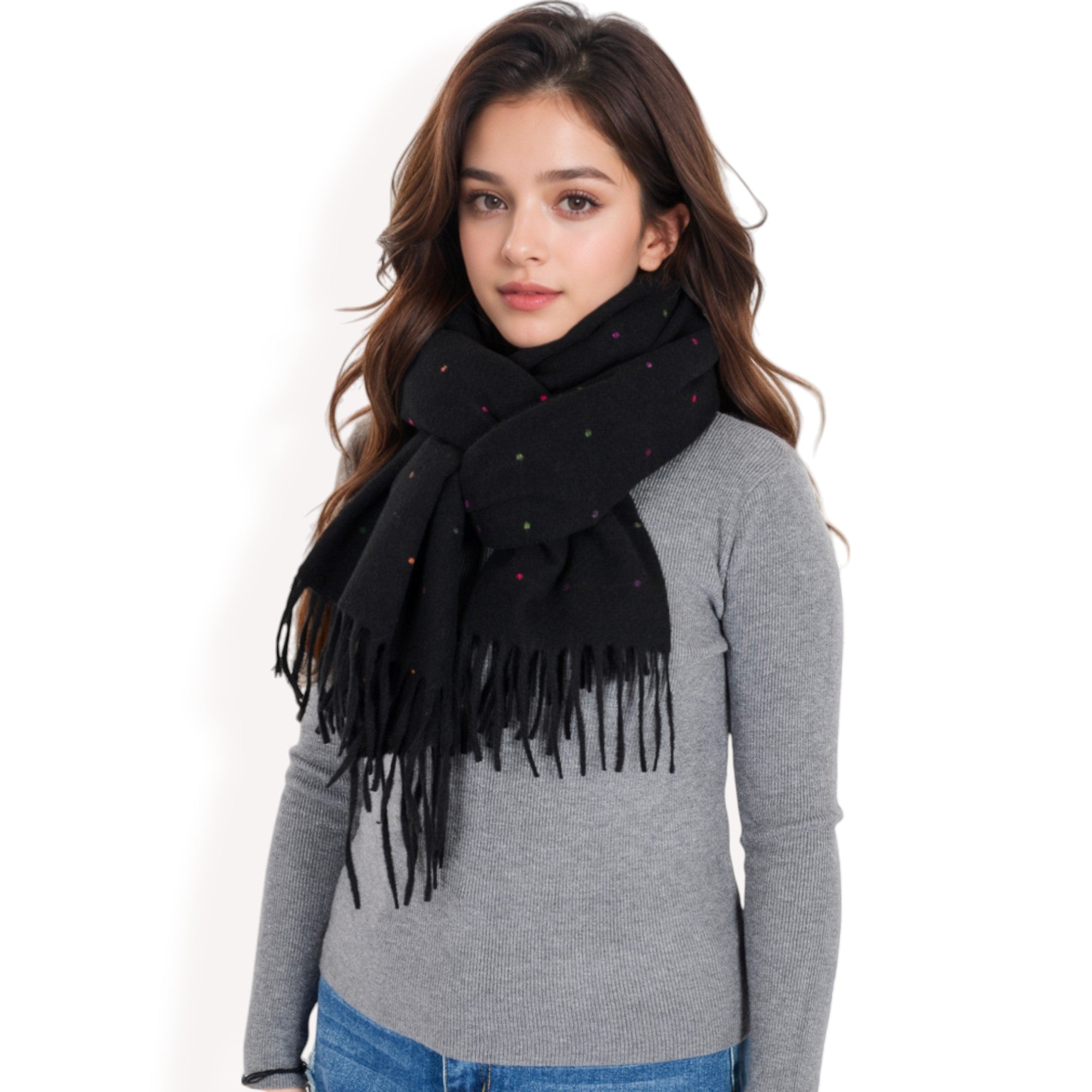 Anna-Kaci Women's Cashmere-Like Polka Dot Fringe Scarf with Soft Fabric and Lightweight Warmth
