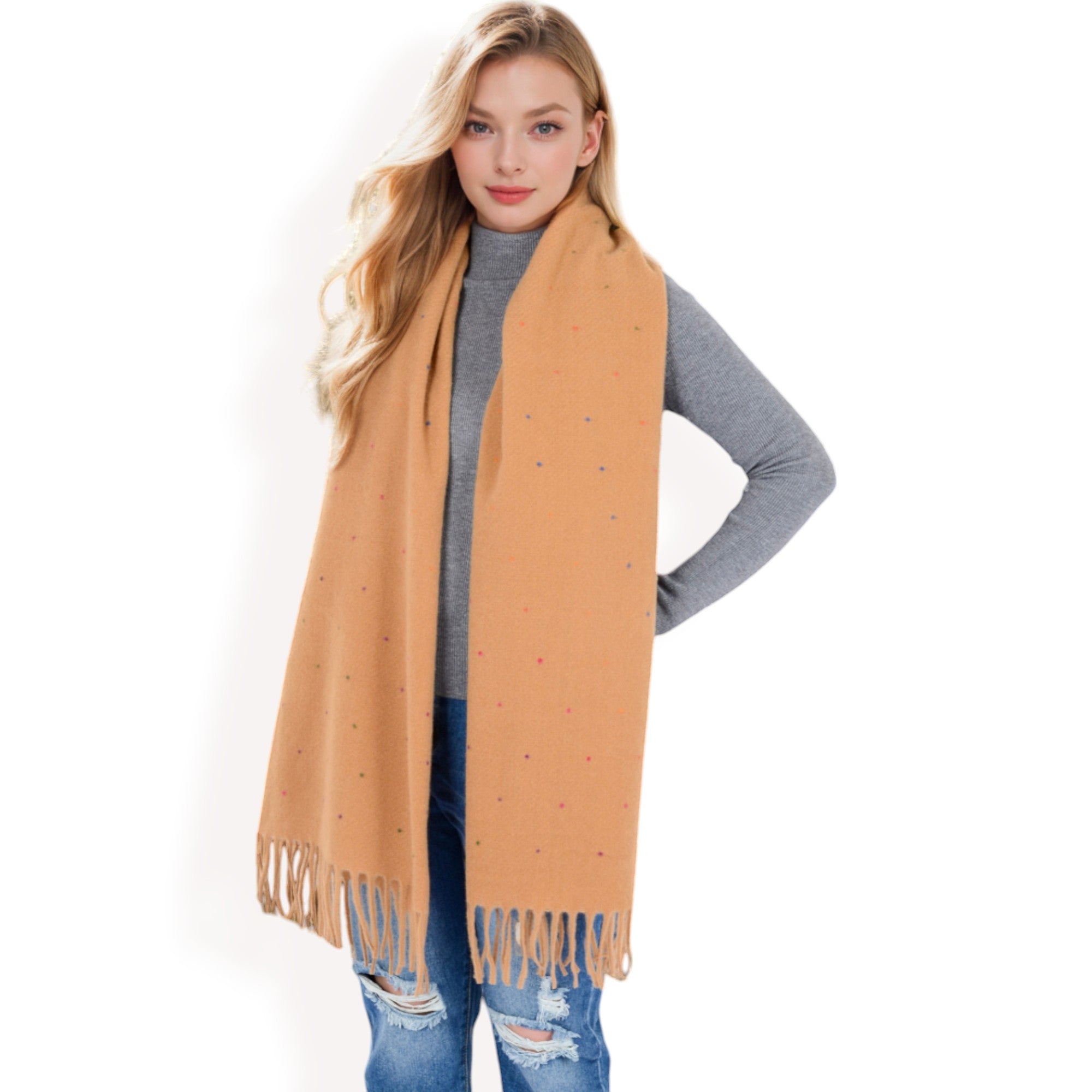 Anna-Kaci Women's Cashmere-Like Polka Dot Fringe Scarf with Soft Fabric and Lightweight Warmth