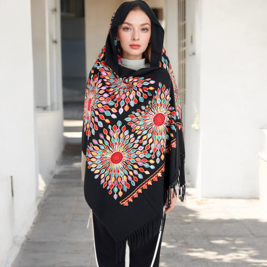 Anna-Kaci Women's Floral Mandala Embroidered Scarf with Fringed Edges and Lightweight Fabric