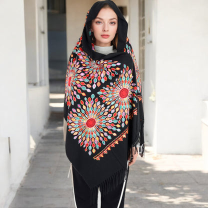 Anna-Kaci Women's Floral Mandala Embroidered Scarf with Fringed Edges and Lightweight Fabric