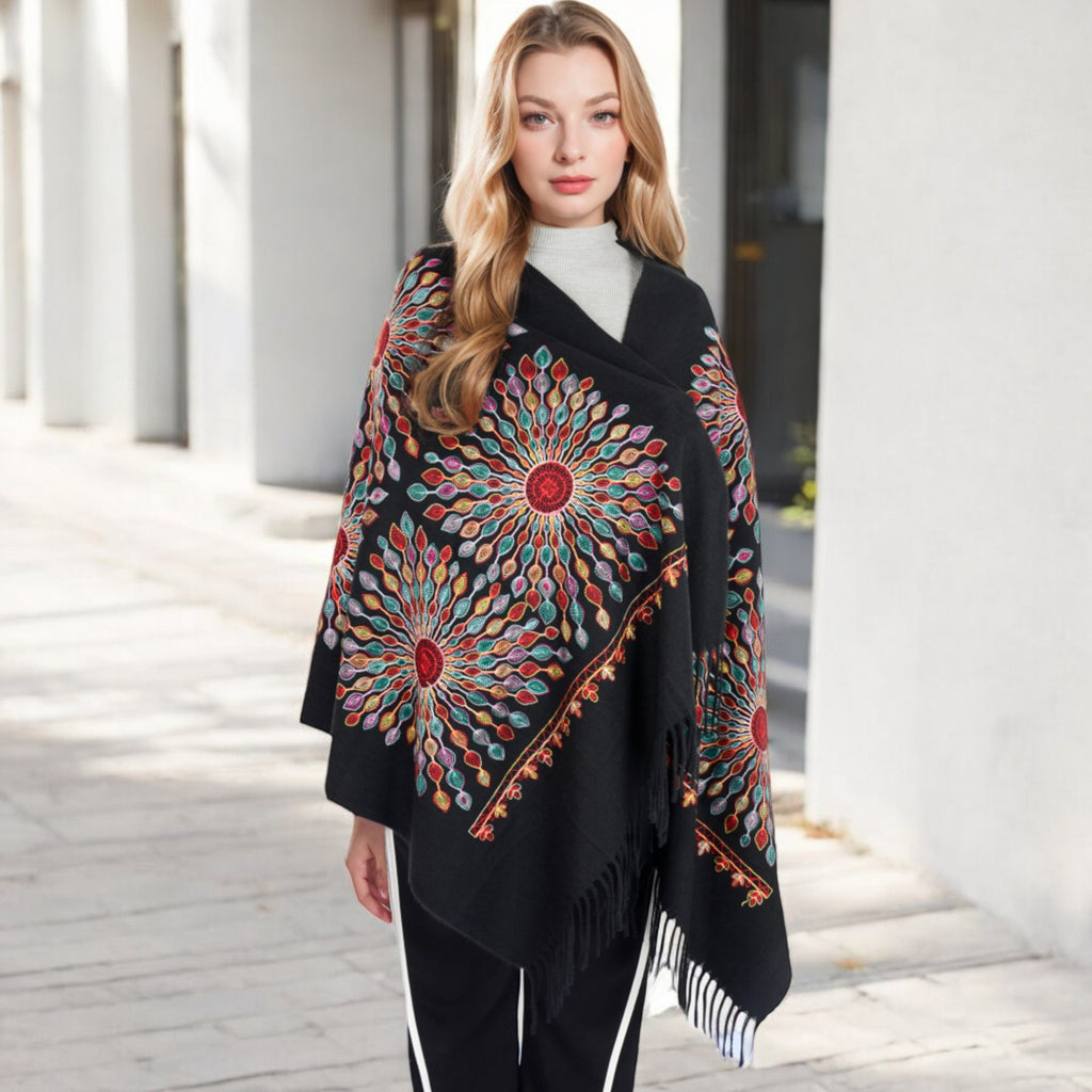Anna-Kaci Women's Floral Mandala Embroidered Scarf with Fringed Edges and Lightweight Fabric
